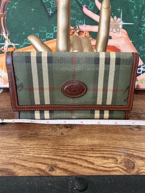 Burberrys Vntg Green Plaid Canvas Leather Trim Wallet - Picture 5 of 8